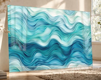 Arte de vidrio templado con olas del océano turquesa: decoración costera moderna para el hogar