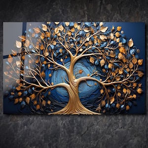 Blue And Gold Life of Tree Glass Wall Art - Tempered Glass - Floral Wall Decor - Glass Printing -Modern Wall Art - Livingroom Wall Decor