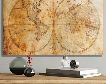 Rustic Vintage World Map Tempered Glass Wall Art | Antique Map Home Office Decor
