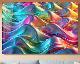Tempered Glass Wall Art, Futuristic Metallic Rainbow Fluid Design