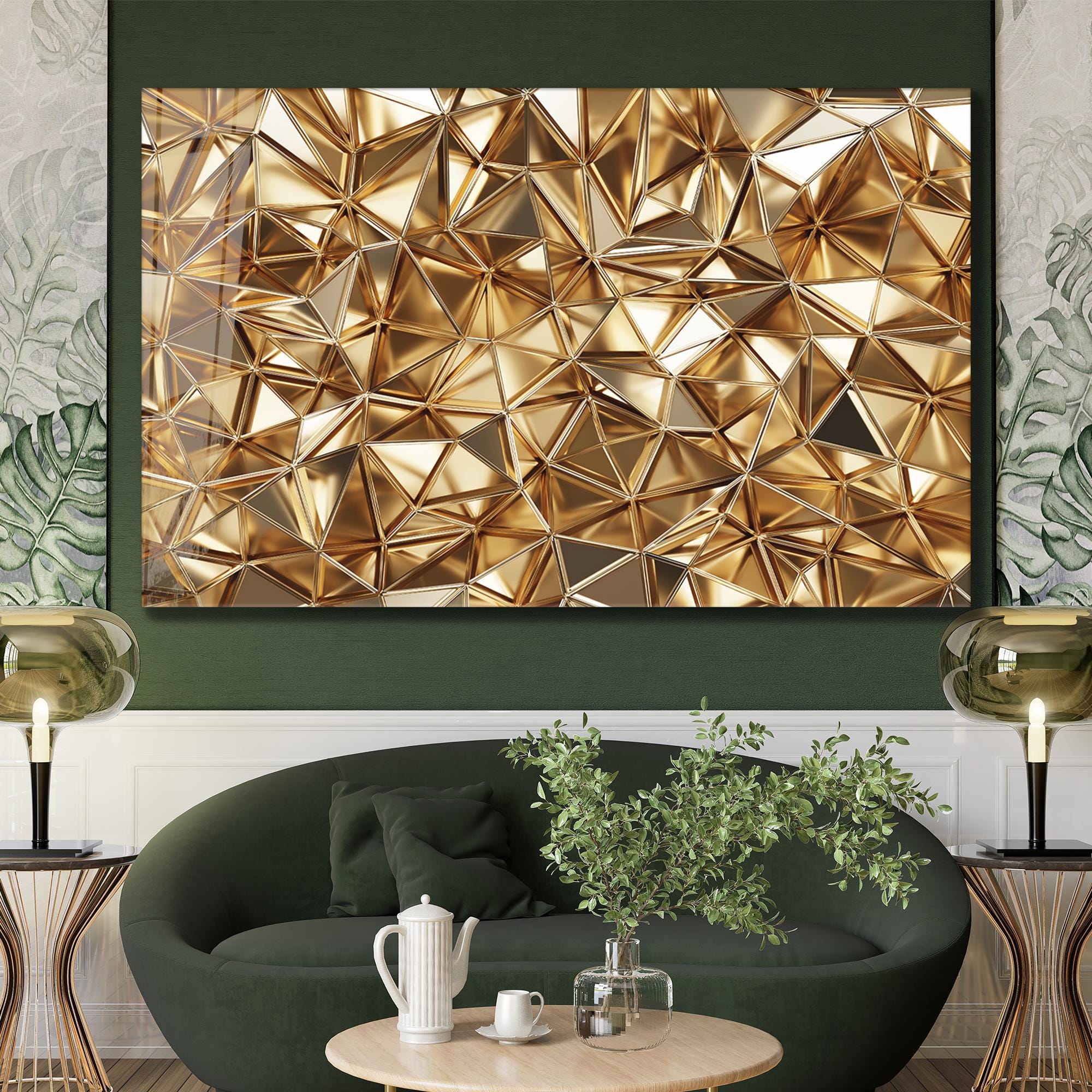 Geometric Gold Triangle Wall Art – Luxury 3D Effect Abstract Glass
