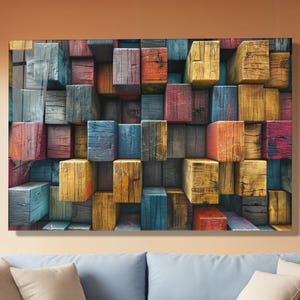 Arte mural geométrico moderno, diseño de cubo de madera colorido, impresión en vidrio con efecto 3D, decoración contemporánea en vidrio templado.