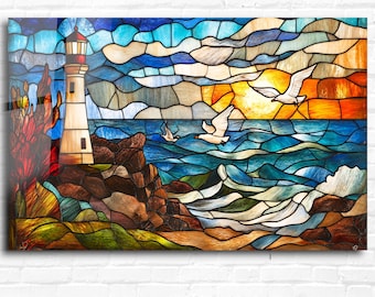 Sunset Lighthouse Tempered Glass Wall Art: Coastal Stained Glass Decor