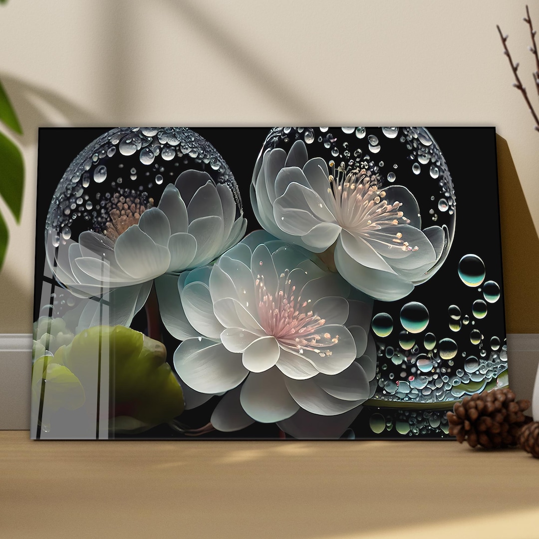 White Lotus Flower Tempered Glass Wall Art: Modern Floral Home Decor - Etsy