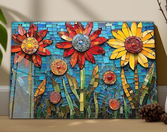 モザイクフラワー強化ガラスウォールアート - カラフルなステンドグラス風の花柄デザイン