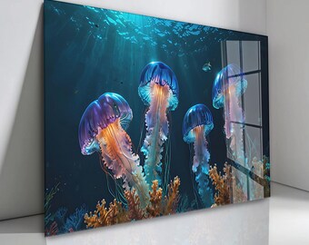 ネオンブルーのクラゲの強化ガラス製ウォールアート：海岸風インテリア