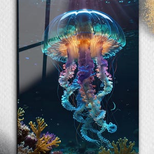 Neon Jellyfish Wall Art on Tempered Glass – Ocean Life Large Wall Decor - Glowing Jellyfish Home Decor - Coastal Glass Art - nautical gifts