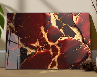 Red & Gold Marble Tempered Glass Wall Art – Modern Abstract Glossy Decor