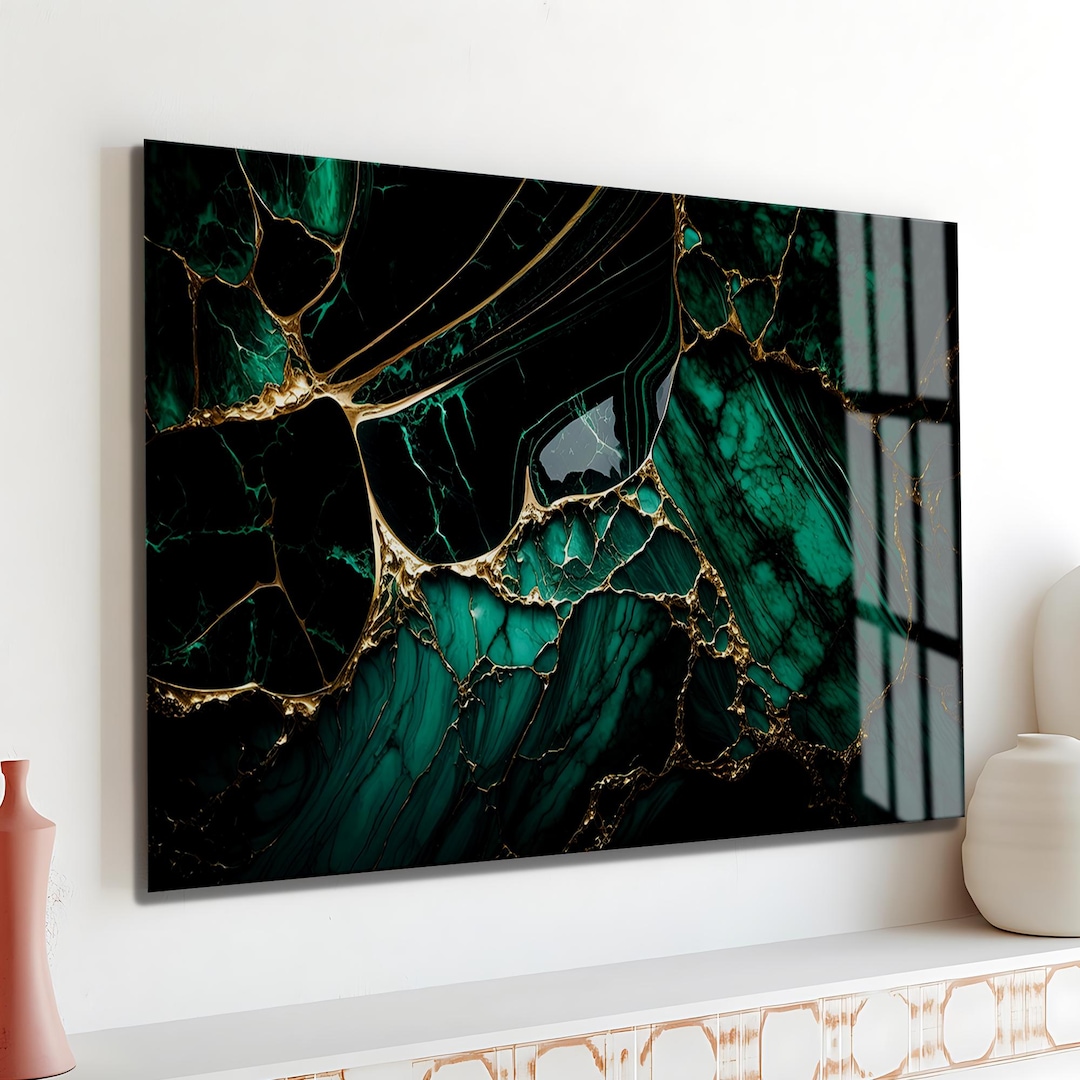 Emerald Green & Gold Tempered Glass Wall Art: Abstract Marble Design - Etsy