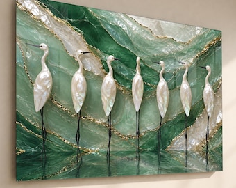 Emerald Green Crane Tempered Glass Wall Art – Mother of Pearl Style Birds, Gold Marble Abstract Wall Decor