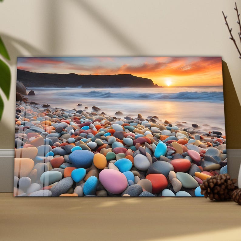 Colorful Pebble Beach Sunset Tempered Glass Wall Art – Modern Coastal ...