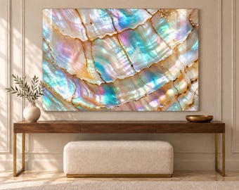 Iridescent Mother of Pearl Tempered Glass Wall Art | Modern Coastal Decor