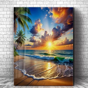 Ocean Sunset Tempered Glass Wall Art: Coastal Modern Home Decor