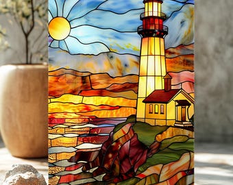 Stained Glass Lighthouse Wall Art, Coastal Sunset Ocean Decor, Nautical Lighthouse Artwork, Sea Waves Wall Decor, Beach House Art