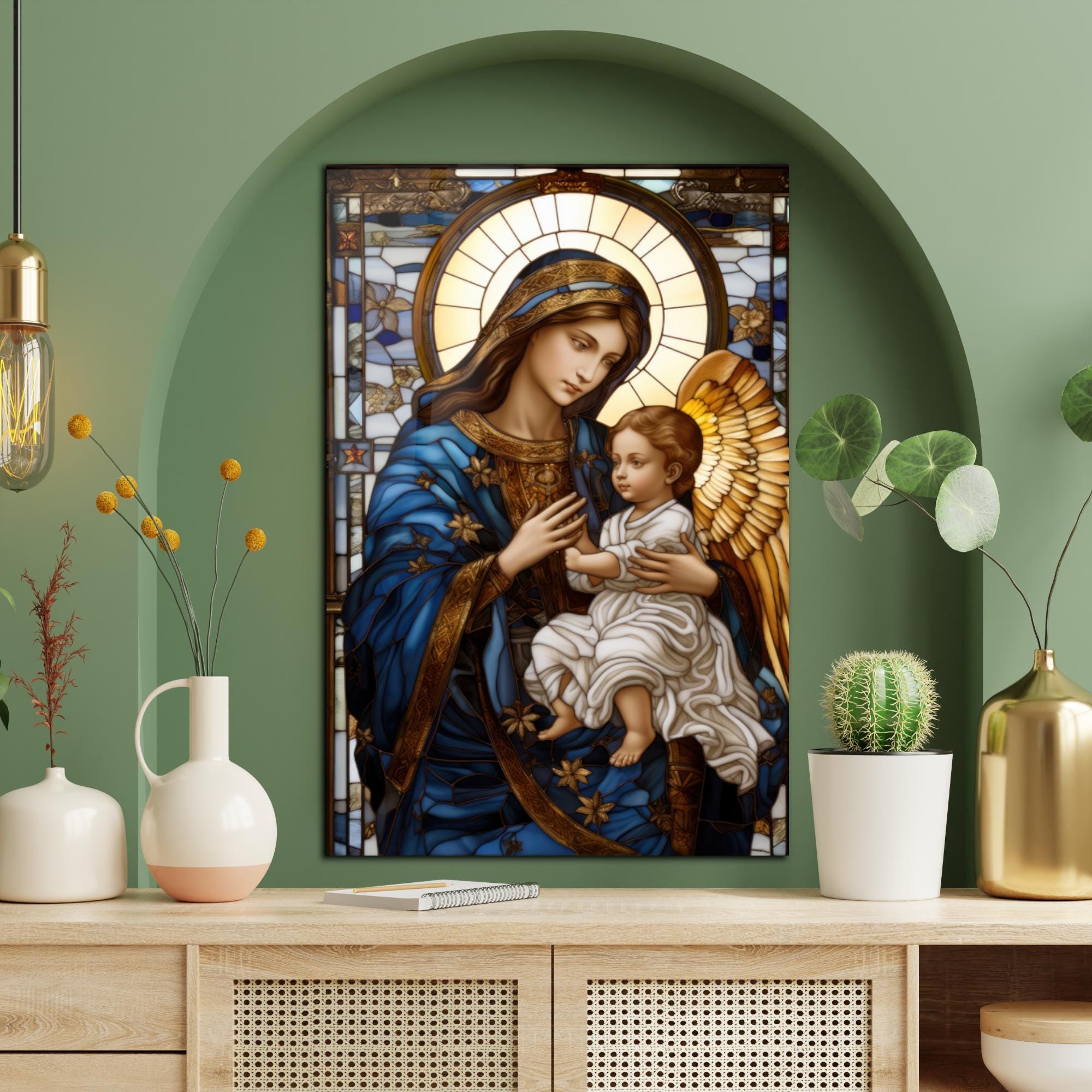 Virgin Mary & Baby Jesus Tempered Glass Wall Art: Stained Glass Style ...