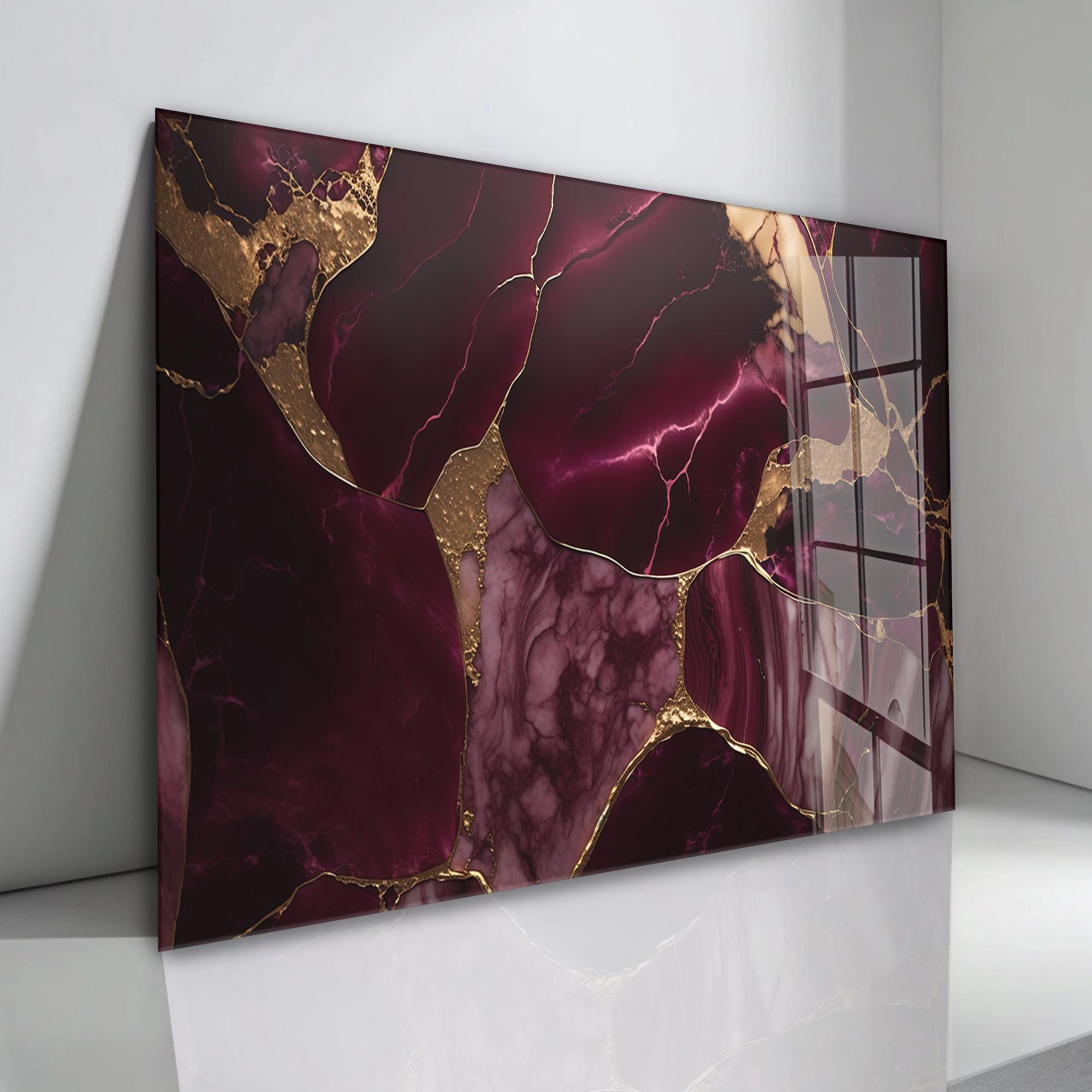 Burgundy Gold Marble Tempered Glass Wall Art: Modern Abstract Decor - Etsy