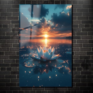 White Lotus Sunset Tempered Glass Wall Art-Large Wall Art-Meditation Room Art-Zen Decor-Spa Wall Art-Home Decor-Wall Hangings-Yoga Gifts