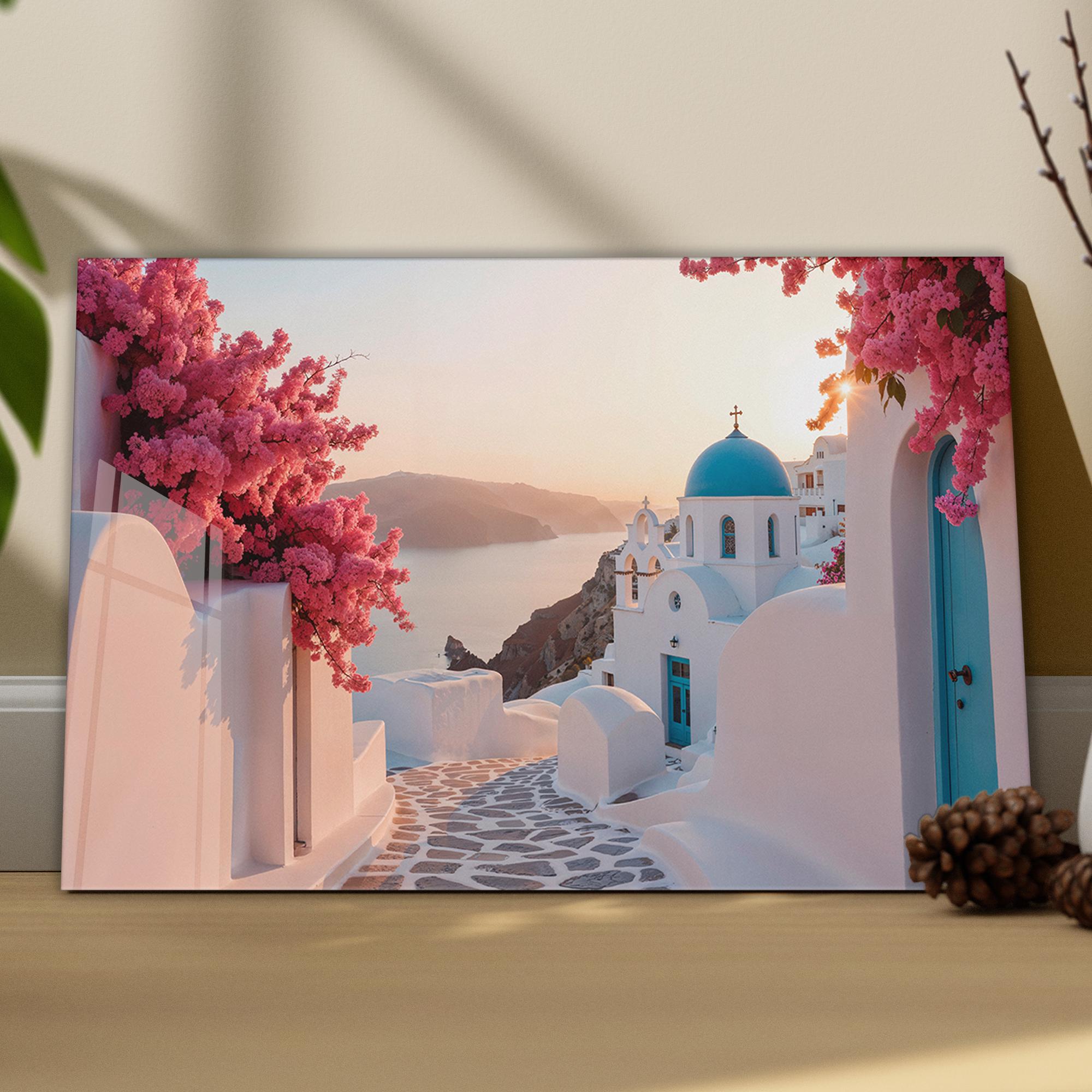 Santorini Sunset Tempered Glass Wall Art, Mediterranean Coastal