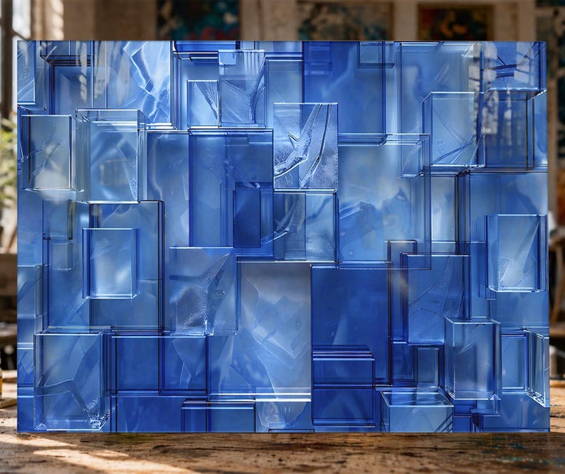 Puede incluir: Obra de arte abstracta de vidrio azul con un dise&ntilde;o geom&eacute;trico de formas rectangulares y cuadradas superpuestas. La obra de arte tiene una calidad transl&uacute;cida, con diferentes tonos de azul y toques de blanco, creando un efecto tridimensional. La pieza se exhibe sobre una superficie de madera.