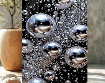 Dimensional Metallic Bubble Tempered Glass Wall Art, 3D Effect Silver Sphere Abstract Modern Decor