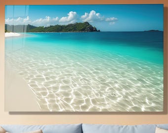 Arte mural de vidrio templado turquesa con océano, decoración de paisaje marino costero