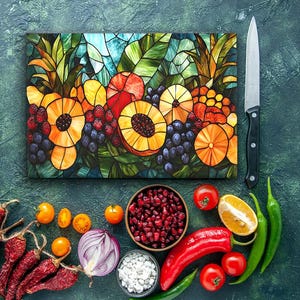 Planche à découper en vitrail de fruits tropicaux-verre trempé-oeuvre d'art murale pour la cuisine-décoration de cuisine-housse de poêle-cadeau pour la cuisine-planches à découper-cadeau pour la maison