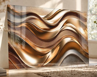 Tempered Glass Wall Art – Gold Copper Abstract Wave, Modern Metallic Wall Decor