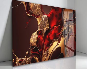 Red & Gold Marble Tempered Glass Wall Art: Modern Home Decor