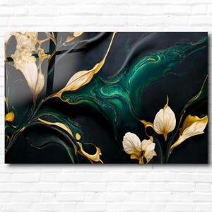 Tempered Glass Wall Art-Abstract Green Floral with Gold Accents, Modern Tempered Glass Wall Art for Home or Office Decor,Elegant Wall Decor