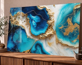 Blue Gold Agate Tempered Glass Wall Art, Luxury Geode Glass Wall Decor, Coastal Abstract Artwork, Modern Large Wall Art, Ready to Hang