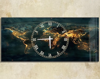 Large World Map Wall Clock 50x110 cm, Tempered Glass Wall Art, Contemporary Office Decor