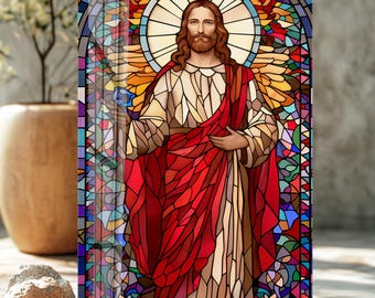 Jesus Christ Stained Glass Style Tempered Glass Wall Art | Christian Religious Home Decor