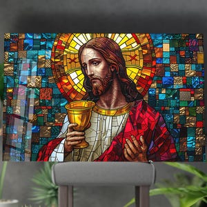 Décoration murale en verre trempé de style vitrail de Jésus-Christ | Décoration d'intérieur religieuse chrétienne