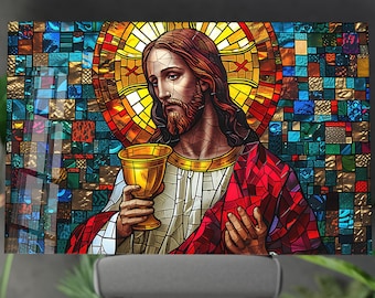 Jesus Christ Stained Glass Style Tempered Glass Wall Art | Christian Religious Home Decor