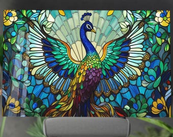 Stained Glass Peacock Style Tempered Glass Wall Art: Colorful Floral Decor