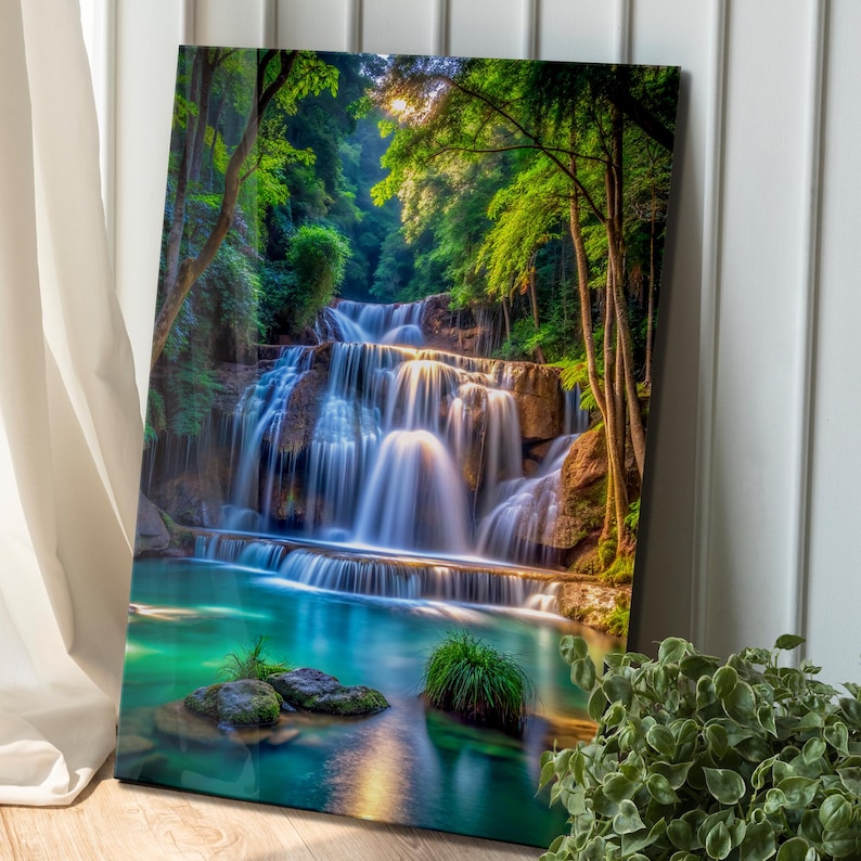 Tempered Glass Waterfall Wall Art: Modern Panoramic Landscape image 2