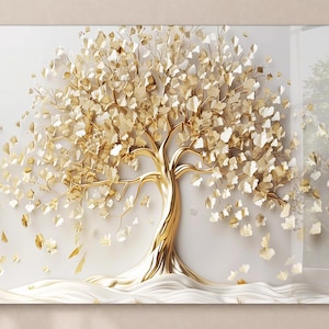 Può includere: Scultura di albero color oro con un tronco e rami dettagliati, adornata da numerose foglie dorate. L'opera d'arte è ambientata su uno sfondo bianco, con una base strutturata a forma di onda. Le foglie sembrano cadere, creando un senso di movimento.