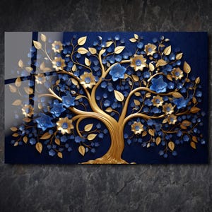 Blue And Gold Life of Tree Glass Wall Art - Tempered Glass - Floral Wall Decor - Glass Printing -Modern Wall Art - Livingroom Wall Decor