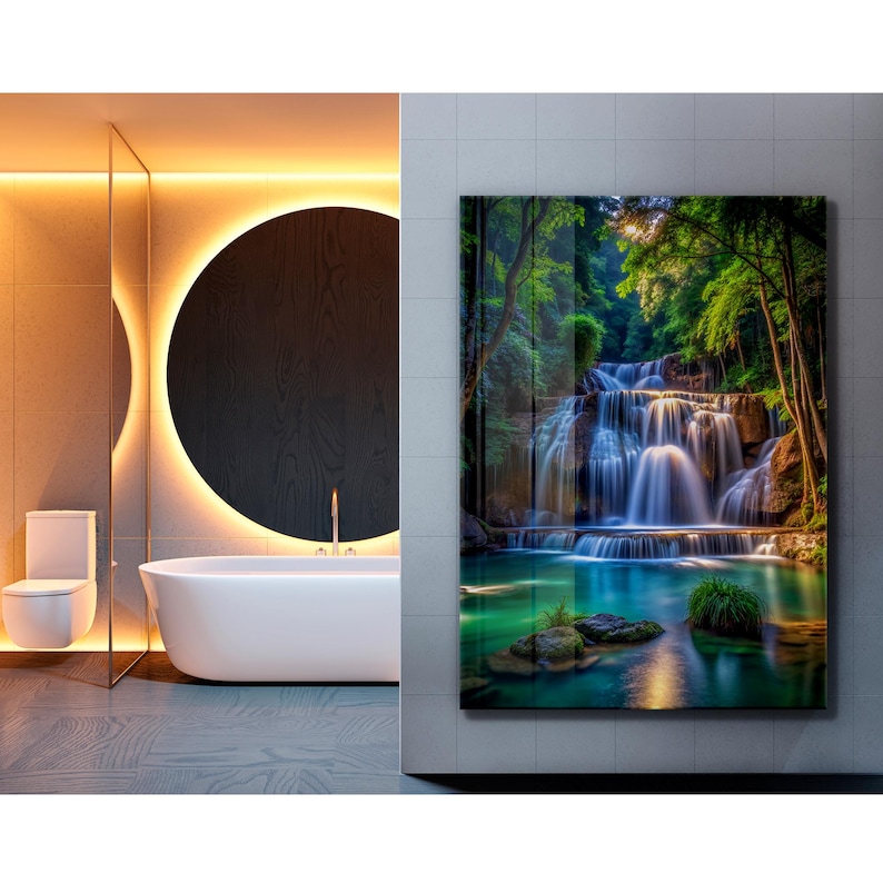 Tempered Glass Waterfall Wall Art: Modern Panoramic Landscape image 5