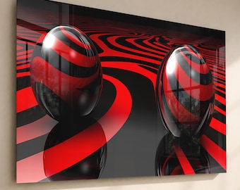 Tempered Glass Wall Art, Red Black Abstract Sphere Decor, Futuristic Modern Glass Artwork, Extra Large Contemporary Wall Art