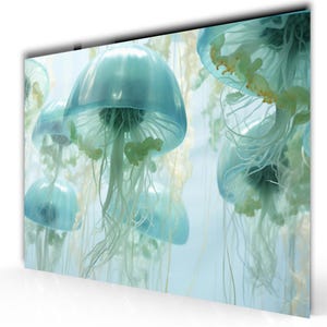 Neon Jellyfish Wall Art on Tempered Glass – Ocean Life Large Wall Decor - Glowing Jellyfish Home Decor - Coastal Glass Art - nautical gifts