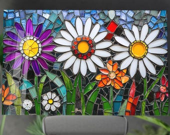 モザイクフラワー強化ガラスウォールアート - カラフルなステンドグラス風の花柄デザイン