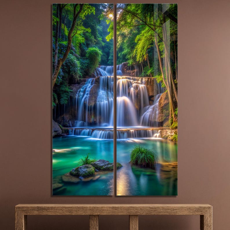 Tempered Glass Waterfall Wall Art: Modern Panoramic Landscape image 3
