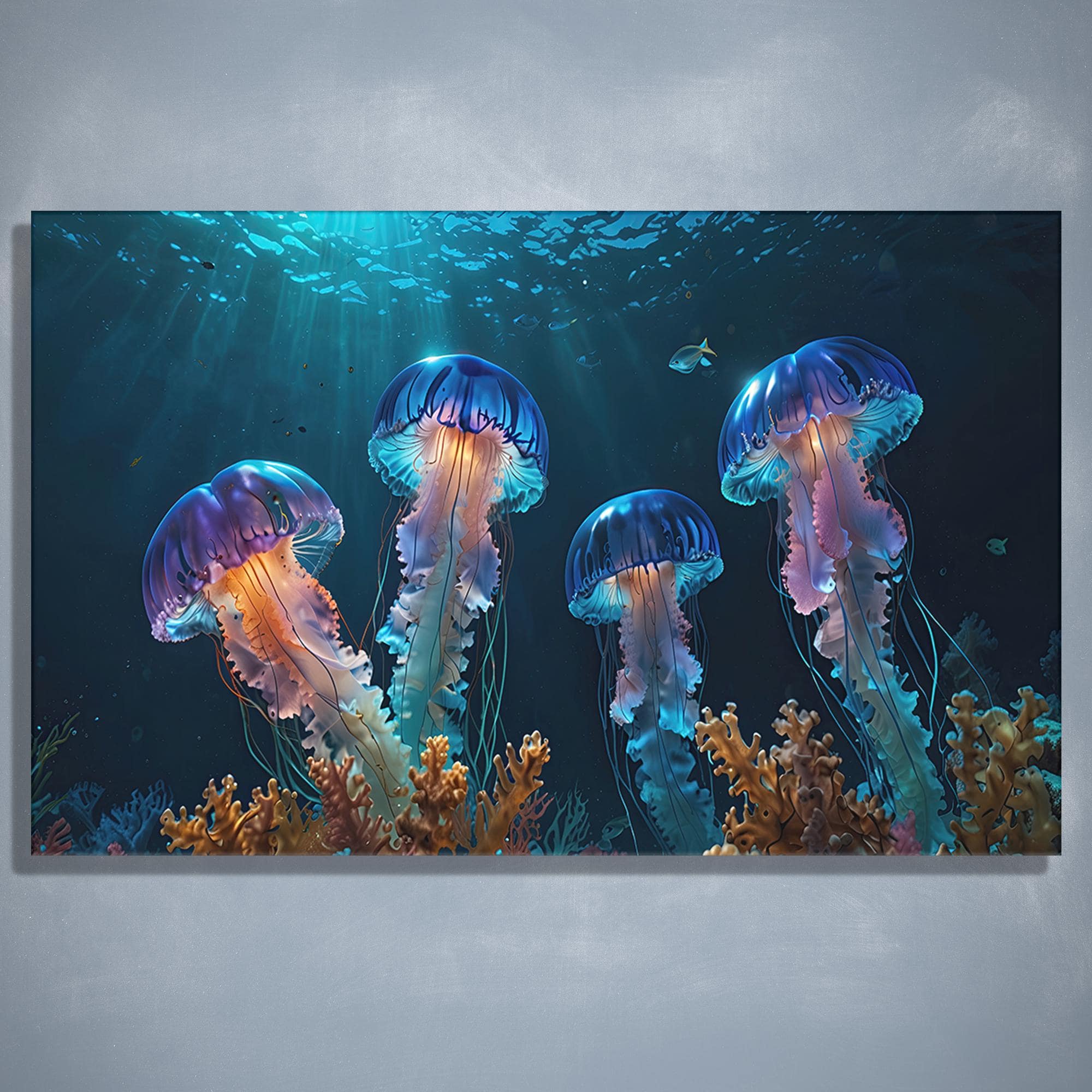 ネオンブルーのクラゲの強化ガラス製ウォールアート：海岸風インテリア