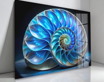 Abstract Blue Shell  Tempered Glass Wall Art - Modern Ocean Inspired Home Decor