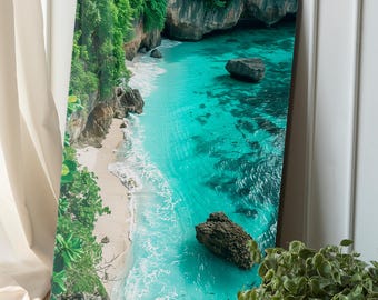 Cuadro decorativo de cristal templado con vista al océano turquesa, decoración costera moderna con paisaje marino