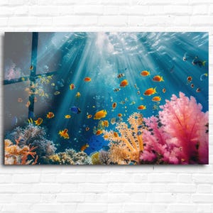 Underwater Coral Reef Wall Art | Vibrant Ocean Fish Tempered Glass Wall Art | Tropical Marine Life Decor | Beach House Gift | Ready to Hang