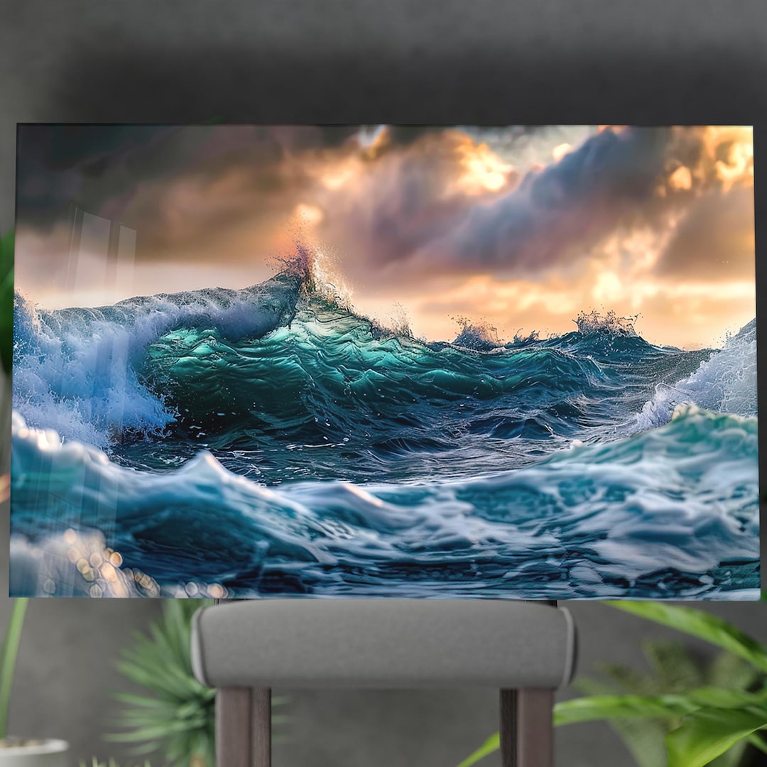 Stormy Ocean Wave Tempered Glass Wall Art – Sunset Sea Wall Decor