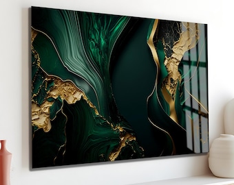 Emerald Green and Gold Tempered Glass Abstract Wall Art