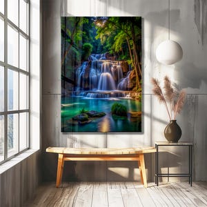 Tempered Glass Waterfall Wall Art: Modern Panoramic Landscape image 4